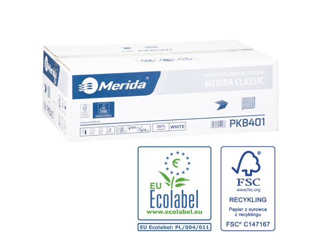 Papier toaletowy w listkach MERIDA CLASSIC, biały, jednowarstwowy, karton 9000 szt., ECOLABEL
